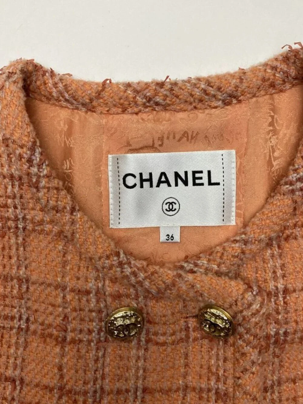 CHANEL Orange Wool Tweed Double Breasted Jacket Spring 2024 Size 36